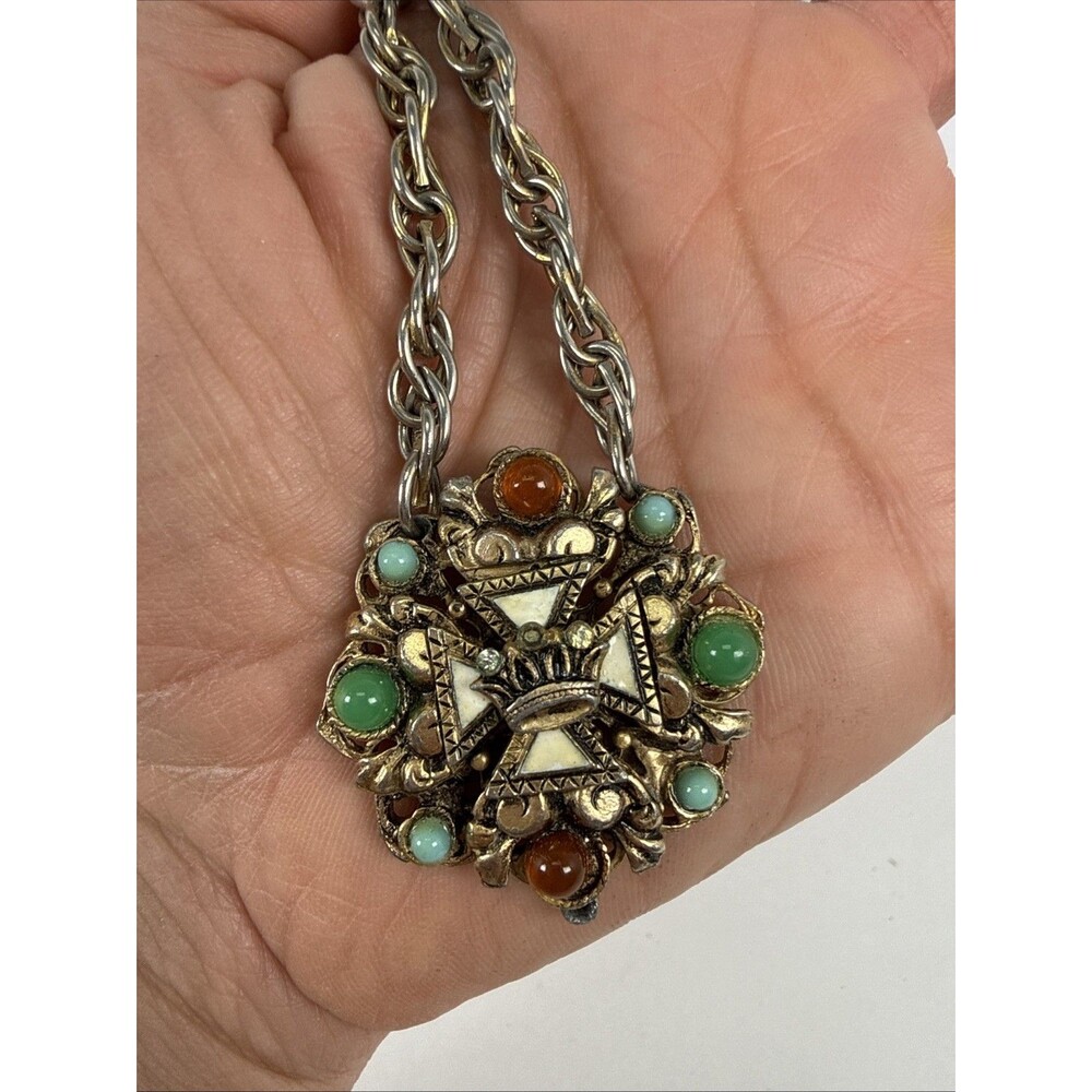 Vintage Maltese Cross Crown Cabochon Green Red Necklace Gold Tone 12k 1/20 GF